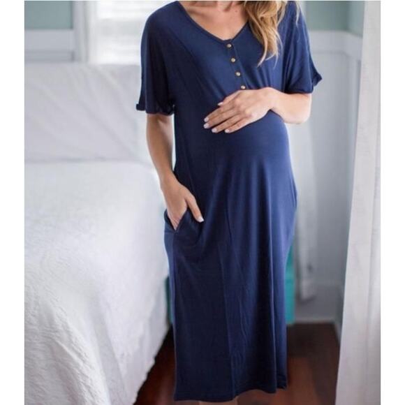 Dwell & Slumber Cocoon Caftan Dress Navy Blue Womens M/L Snap Front Oversized - Picture 1 of 11